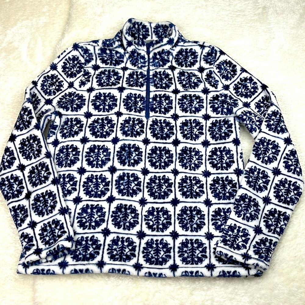 Vineyard Vines Island Tile Printed Teddy Fleece 1/2 Zip Pullover Blue Medium